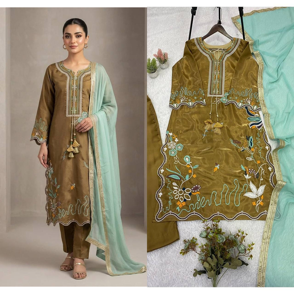 Glass Roman Embroidery Kurti Pant Set | Georgette Dupatta, Indian Wedding Wear