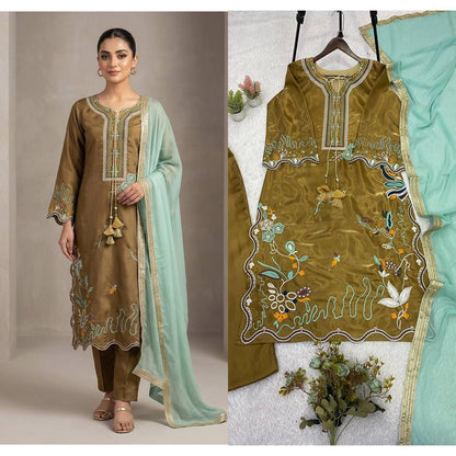 Glass Roman Embroidery Kurti Pant Set | Georgette Dupatta, Indian Wedding Wear