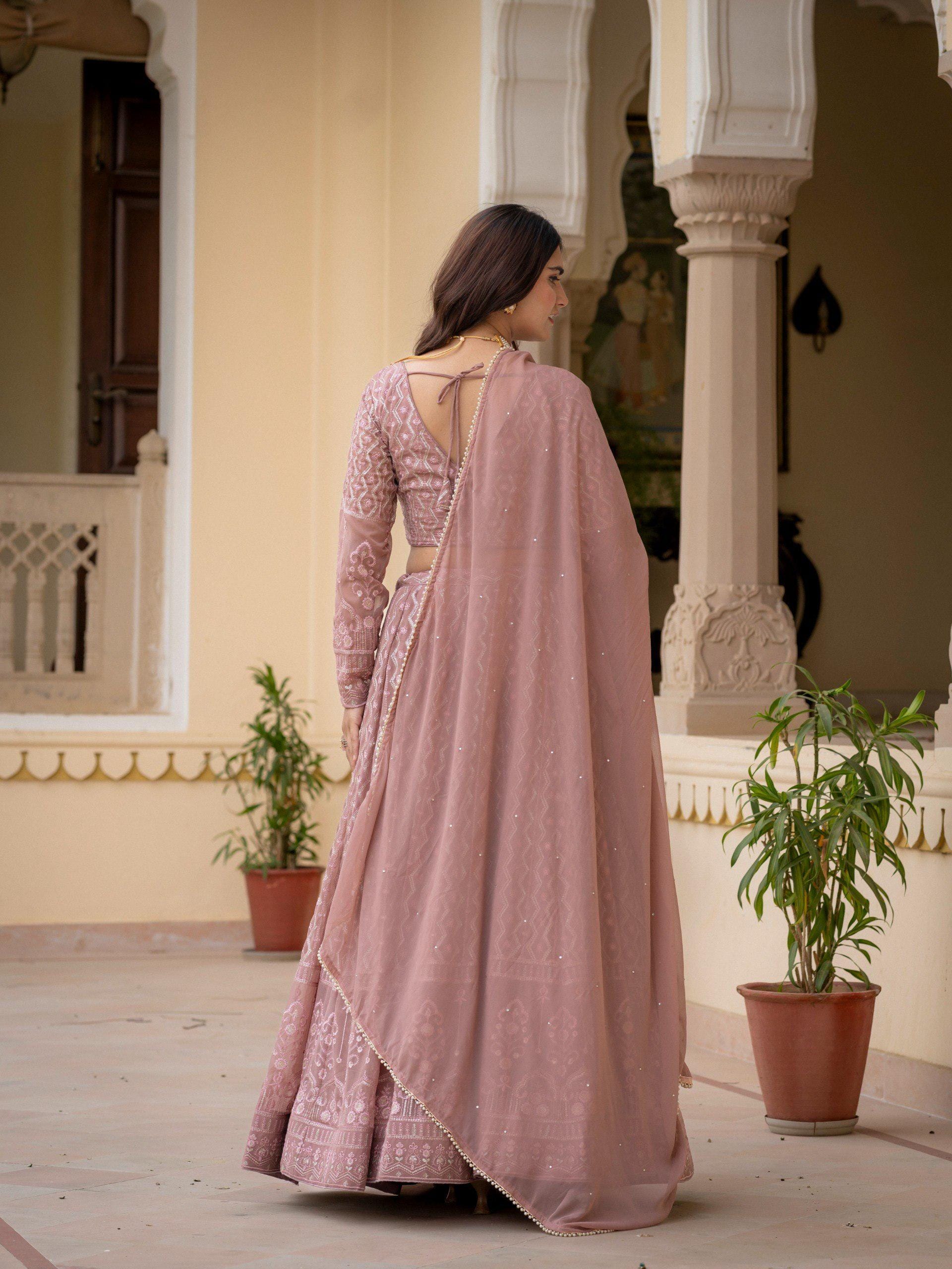 Rosy Brown Embroidered Lehenga Choli Set, Custom Stitched Faux Georgette Traditional Wear
