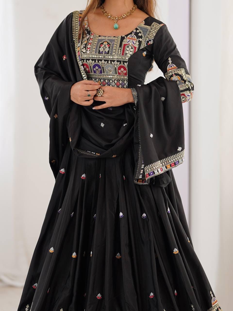Designer Indian Wedding Lehenga Choli: Midnight Black Georgette Embroidery Sequins Work (Made To Order)