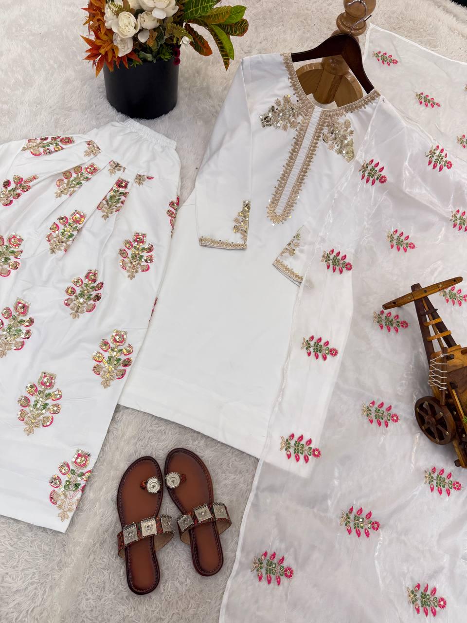White Crepe Silk Salwar Kameez, Sequence Embroidery, Ready-to-Wear Indian Outfit, Farshi Pant