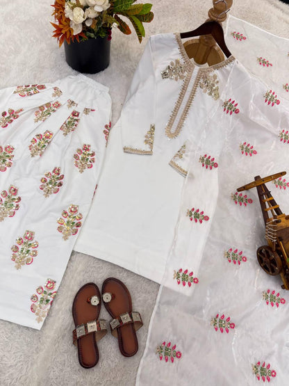 White Crepe Silk Salwar Kameez, Sequence Embroidery, Ready-to-Wear Indian Outfit, Farshi Pant