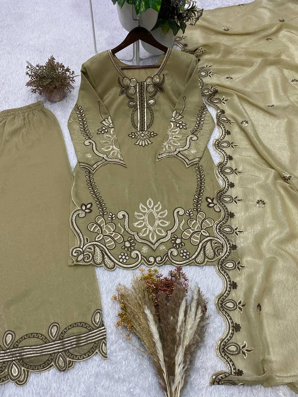 Designer Olive Green Embroidered Salwar Set with Dupatta | Wedding Party Wear Custom Stitched