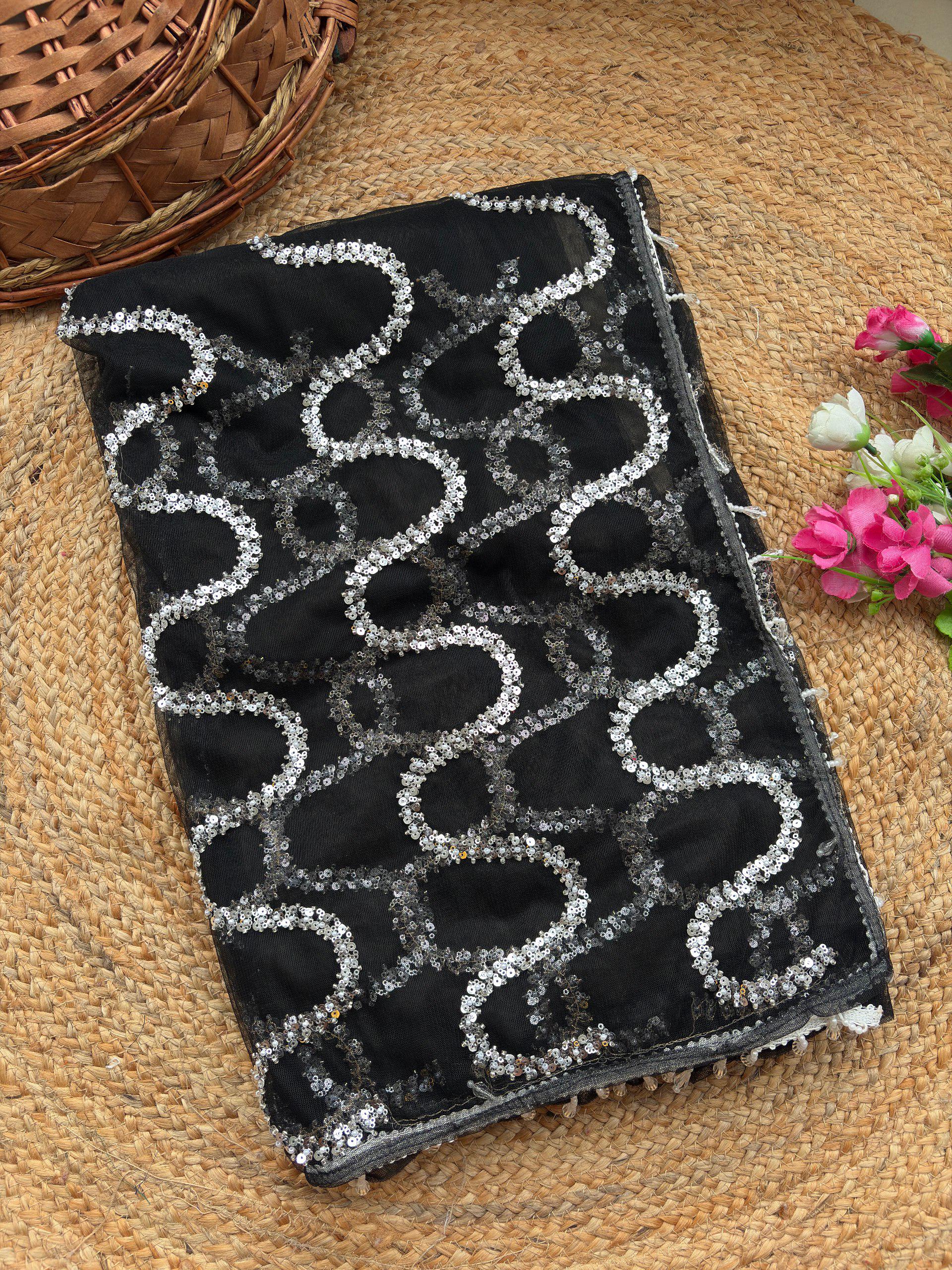 White Soft Net Saree with Beadwork & Cutwork Border