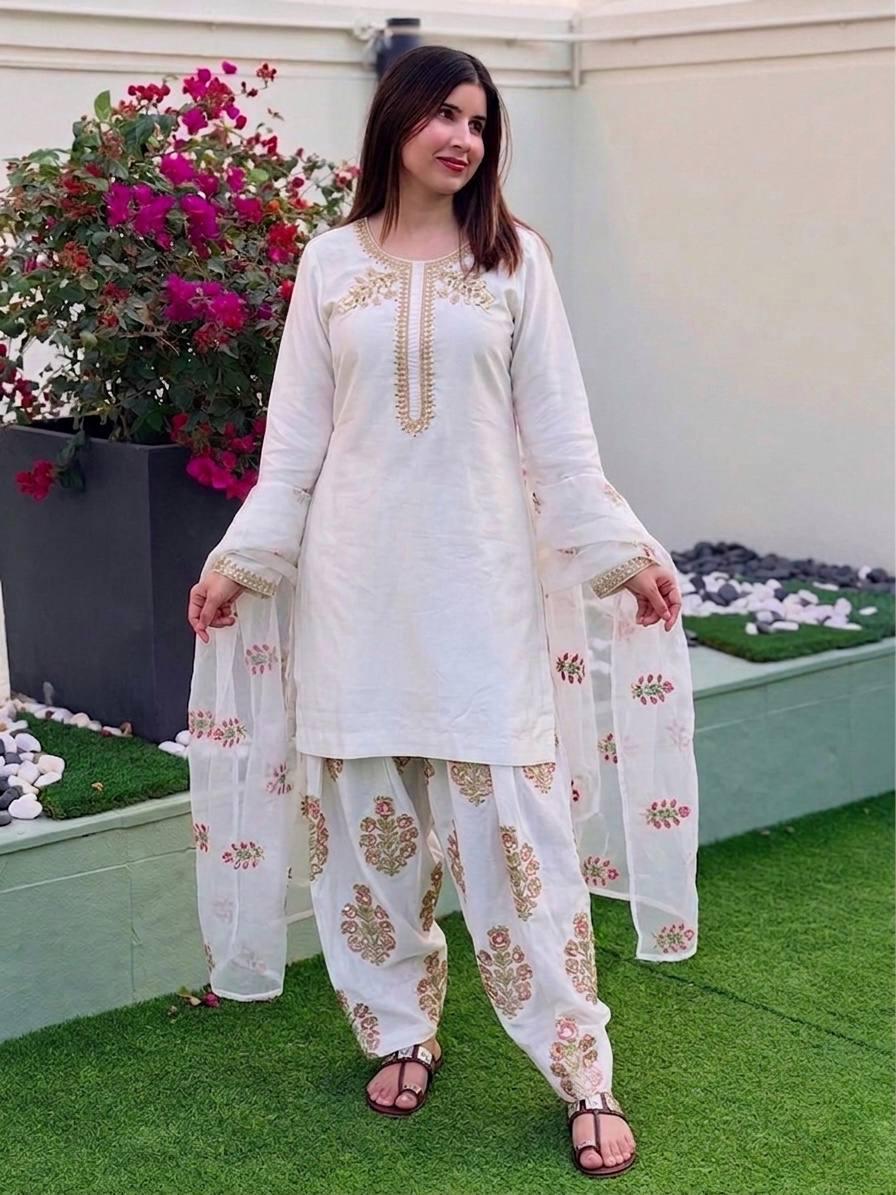 White Crepe Silk Salwar Kameez, Sequence Embroidery, Ready-to-Wear Indian Outfit, Farshi Pant