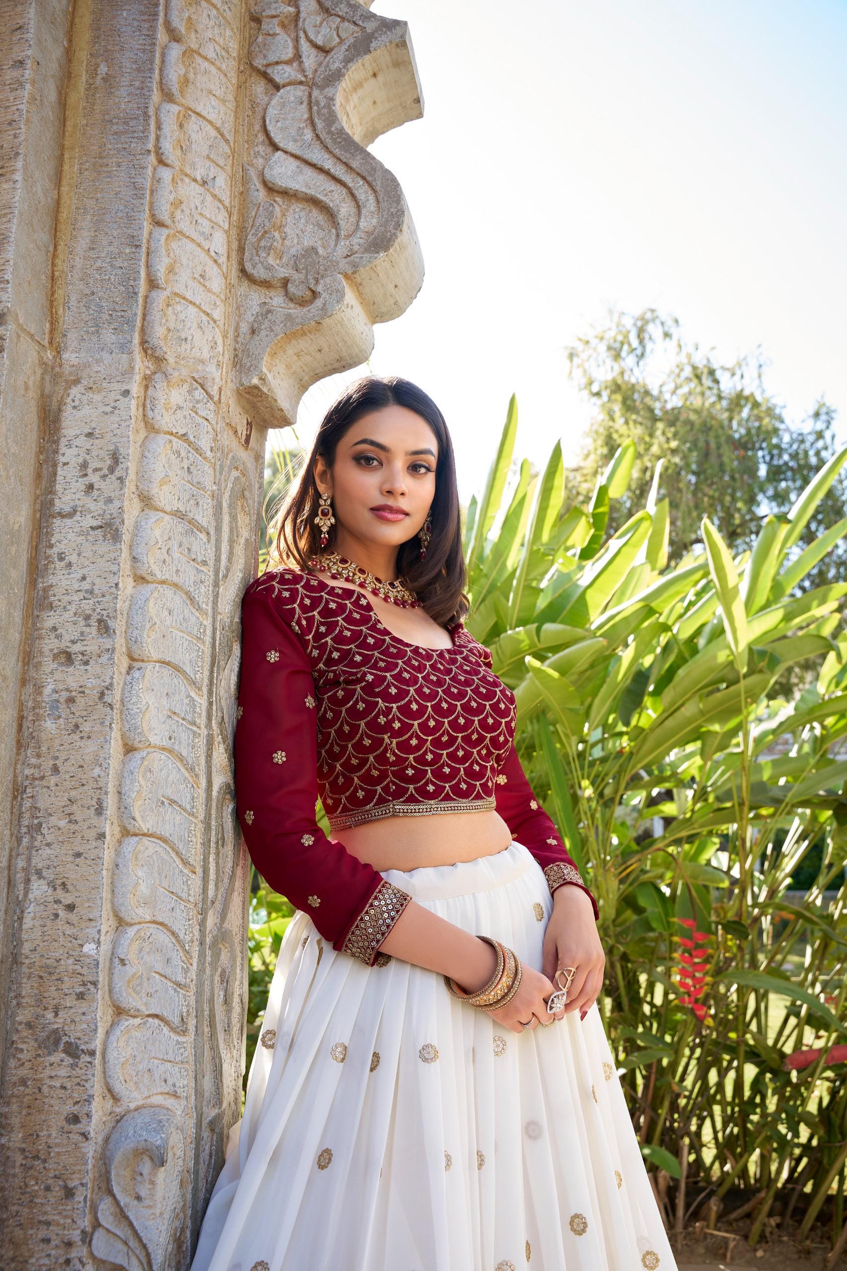 White Georgette Lehenga Choli Set | Sequins Embroidery Work, Festive Occasion Dress