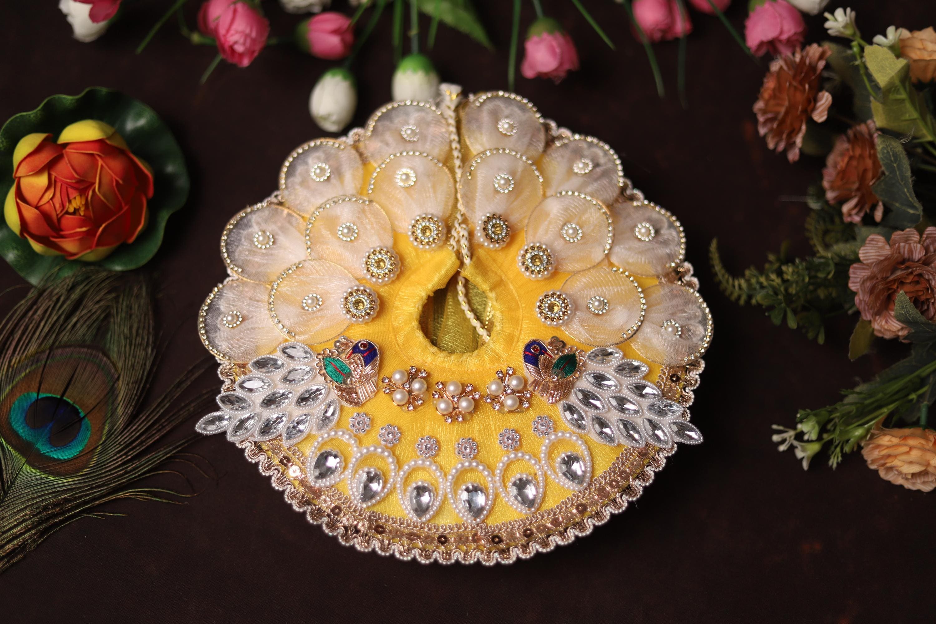 Handcrafted Kanha Ji Poshak with Elegant White Petals and Stone Work Embellishments Traditional Peacock Theme Laddu Gopal Dress