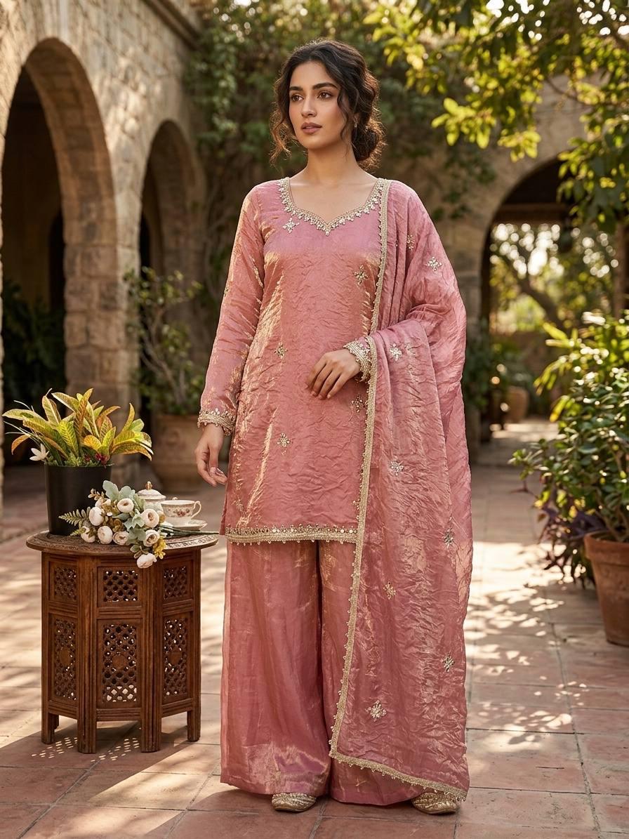 Designer Fendy Silk Sharara Suit Set: Rosy Pink Embroidery, Real Mirror Work Festive Wear