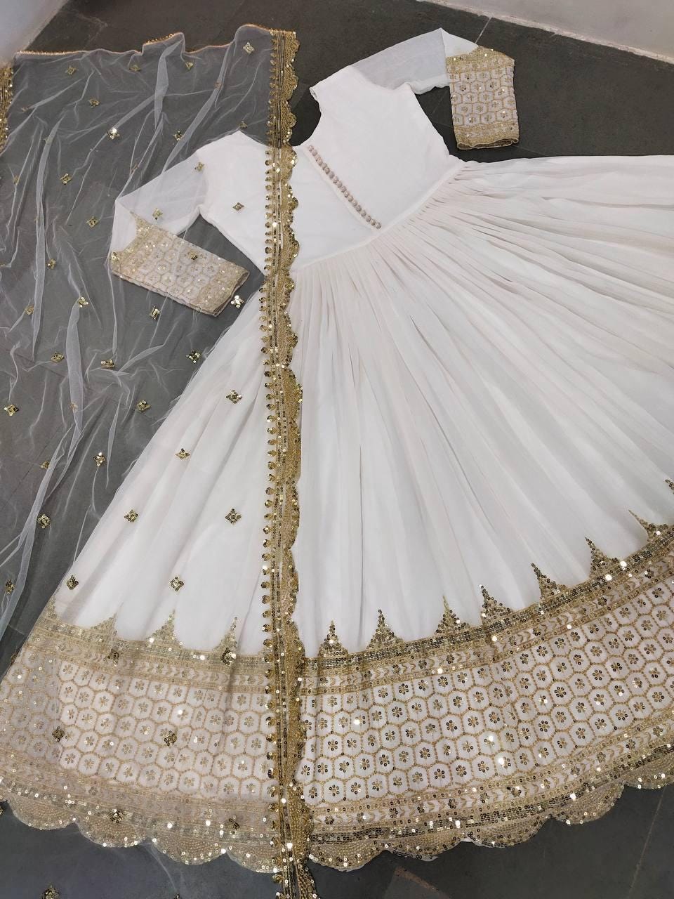 White Anarkali Gown Set — Faux Georgette, Sequin Embroidery