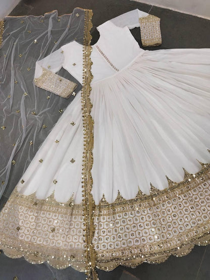 White Anarkali Gown Set — Faux Georgette, Sequin Embroidery