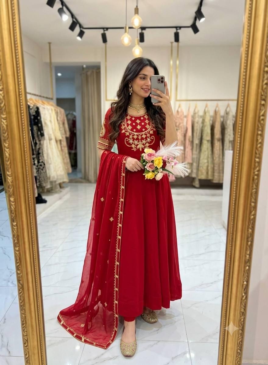 Pure Red Fox Georgette 5mm Sequence Embroidery Gown Pant Set | Stitched Anarkali Suit | Indian Wedding Party Wear Dress for Women
