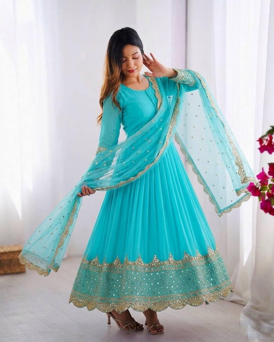 Embroidered Anarkali Gown Set, Faux Georgette Sequence Work, Ready to Wear Ethnic Dress