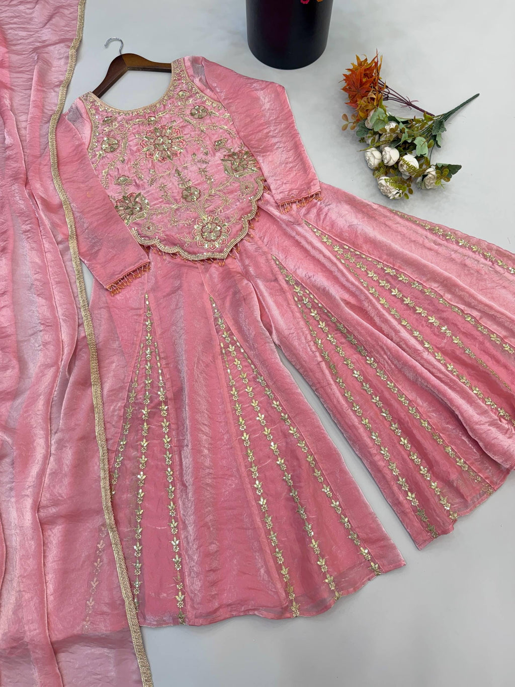 Designer Baby Pink Fendy Silk Embroidery Coding & Sequence Work Sharara Suit Set Custom Stitched