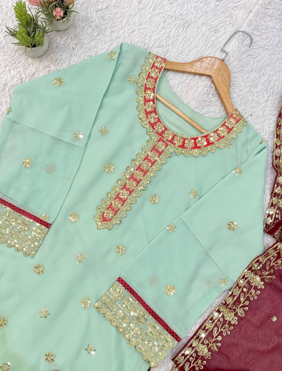 Sky Blue Georgette Suit Set: Heavy Sequence Embroidery, Stitched Salwar Kameez Dupatta