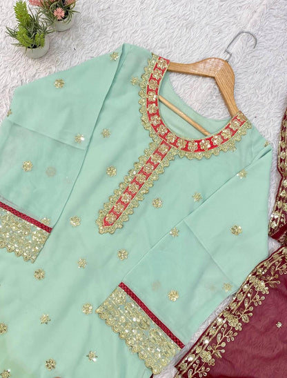 Sky Blue Georgette Suit Set: Heavy Sequence Embroidery, Stitched Salwar Kameez Dupatta