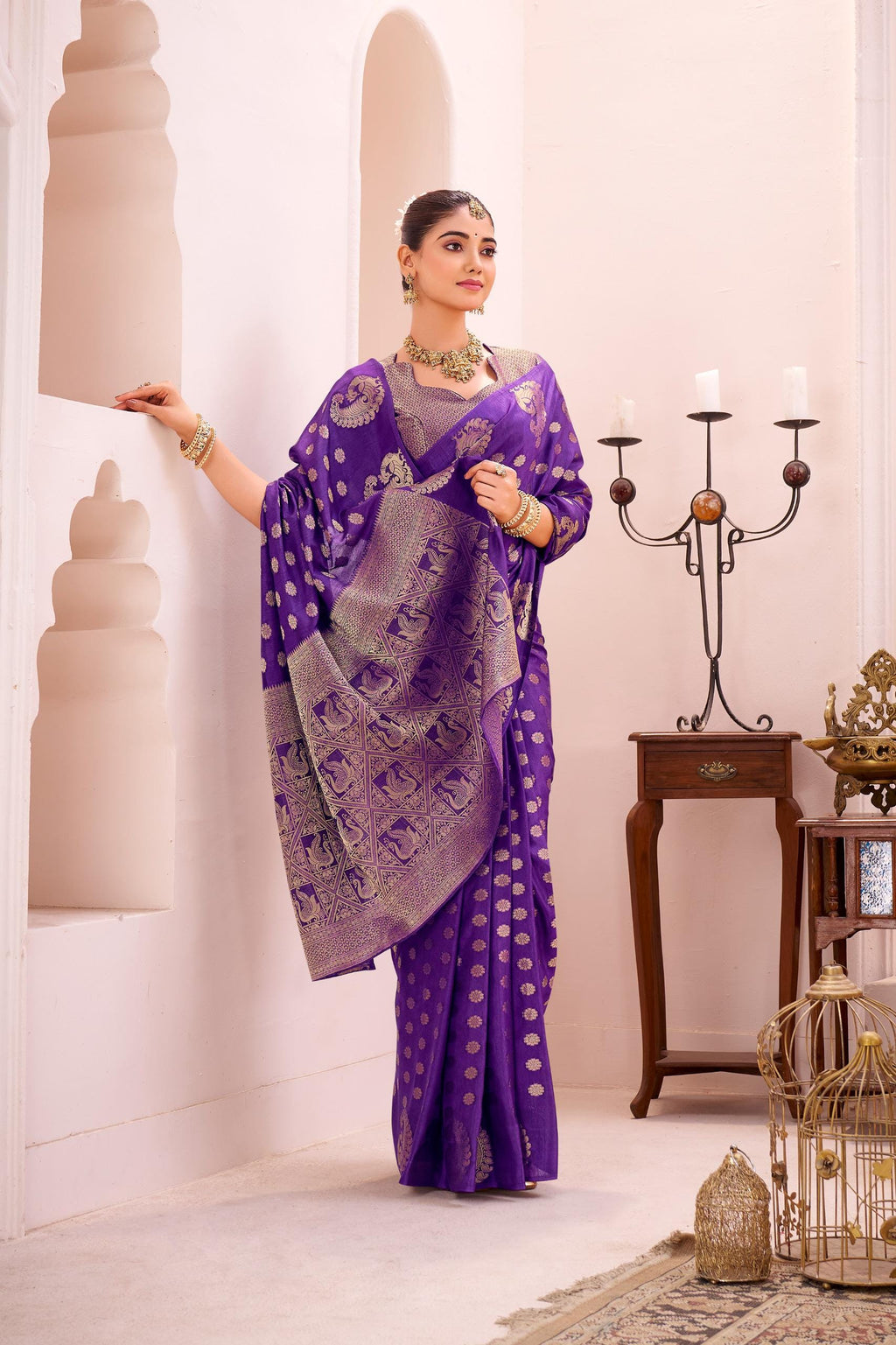 Purple Banarasi Silk Saree with Gold Zari Border