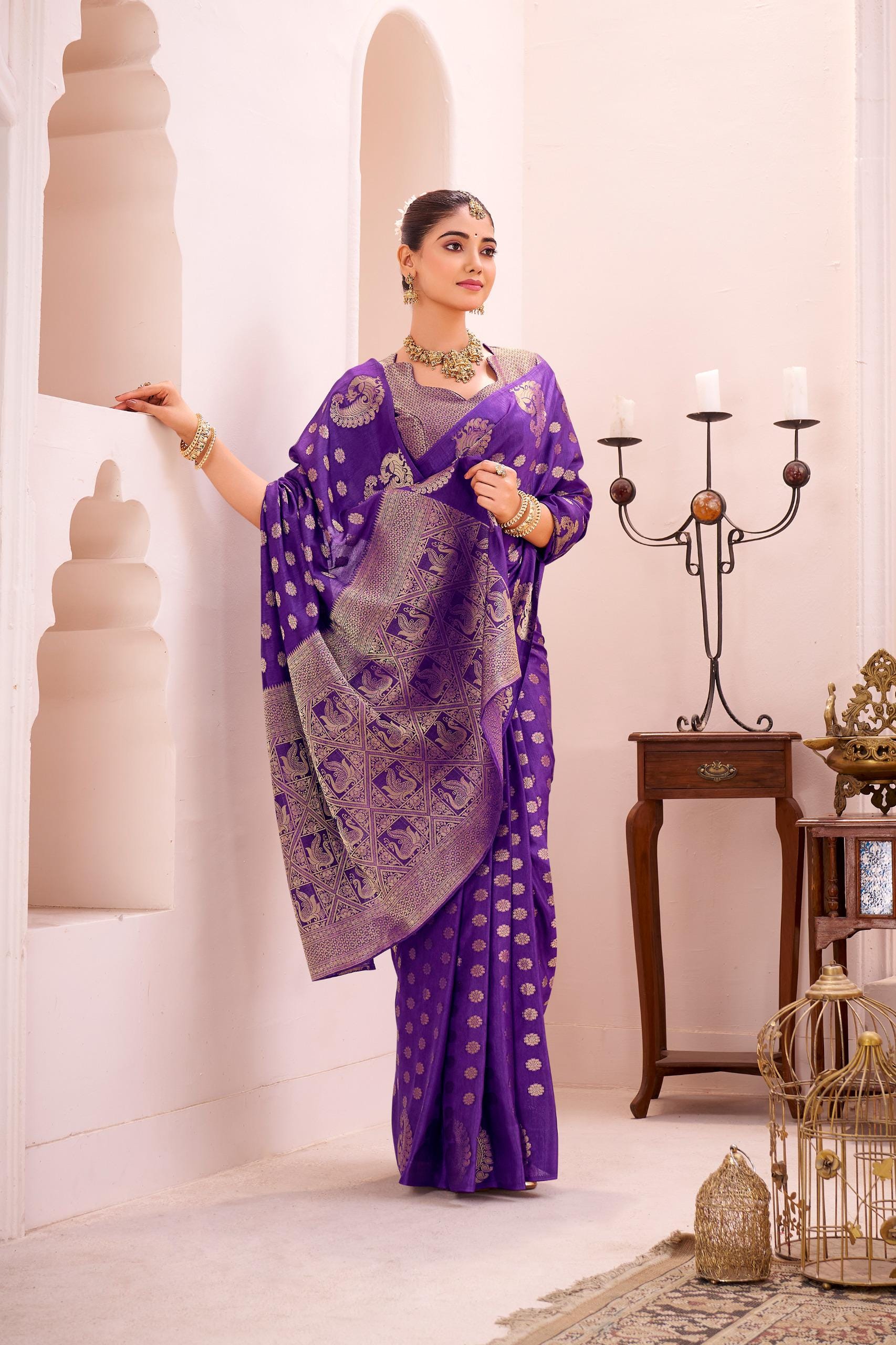 Purple Banarasi Silk Saree with Gold Zari Border