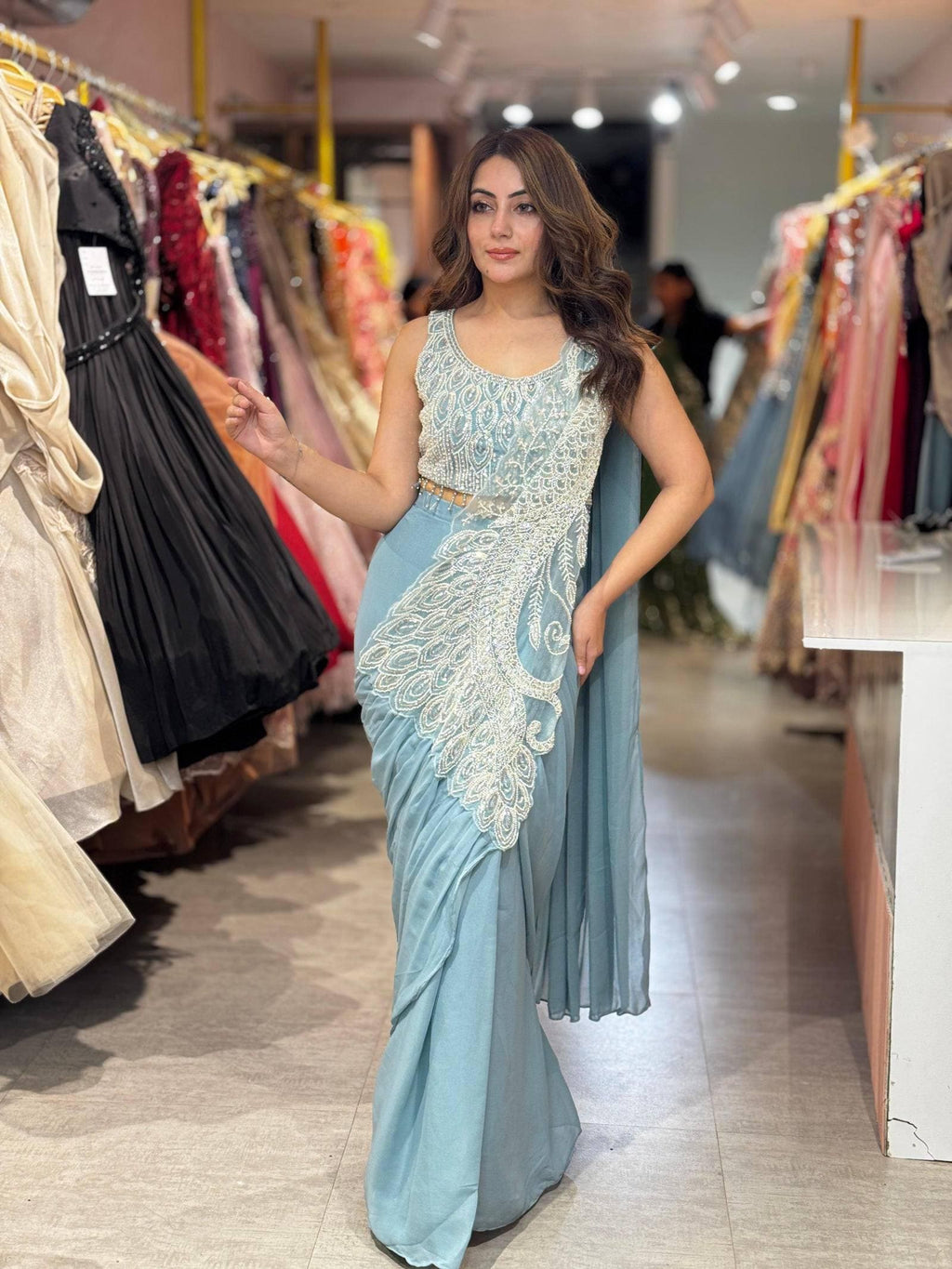 Ready-to-Wear Blue Silk Drape Saree with Sequins Work Blouse