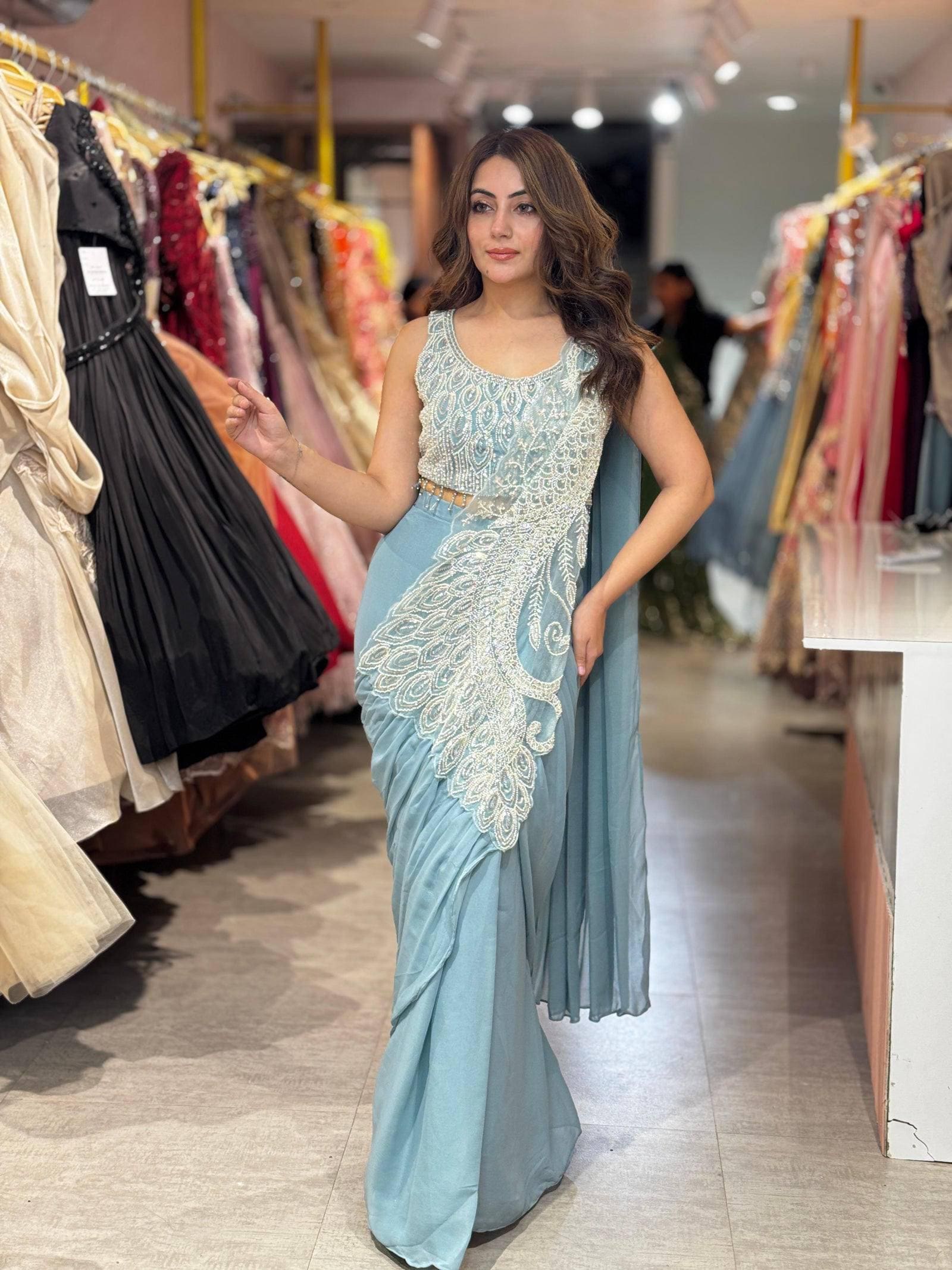 Ready-to-Wear Blue Silk Drape Saree with Sequins Work Blouse