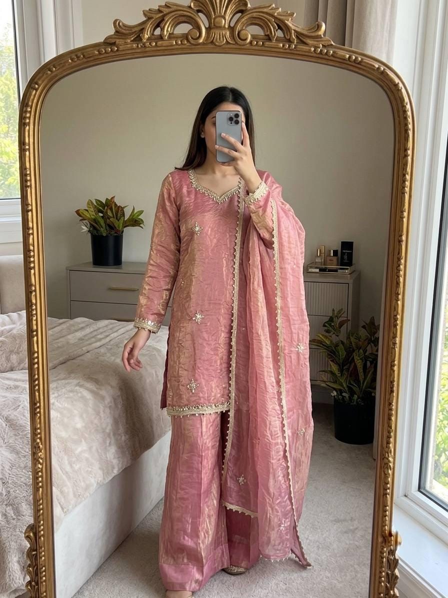 Designer Fendy Silk Sharara Suit Set: Rosy Pink Embroidery, Real Mirror Work Festive Wear