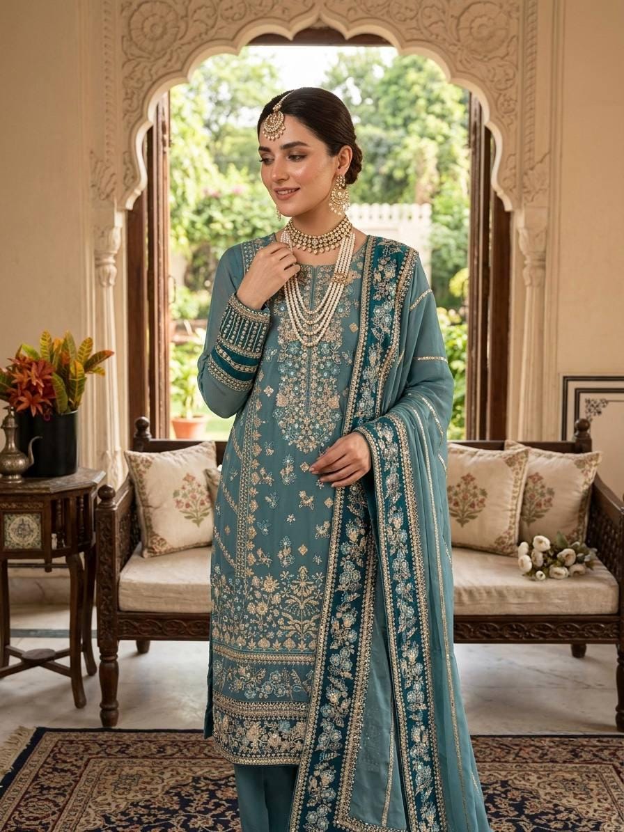 Teal Blue Fox Georgette Suit Set: Heavy Embroidery Sequence Work, Stitched Punjabi Salwar Kameez