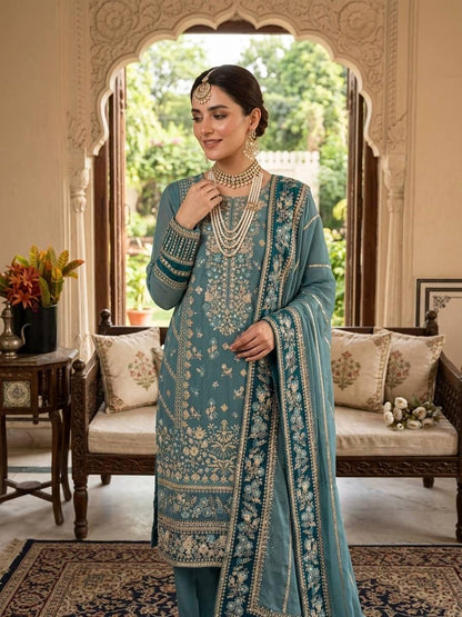 Teal Blue Fox Georgette Suit Set: Heavy Embroidery Sequence Work, Stitched Punjabi Salwar Kameez