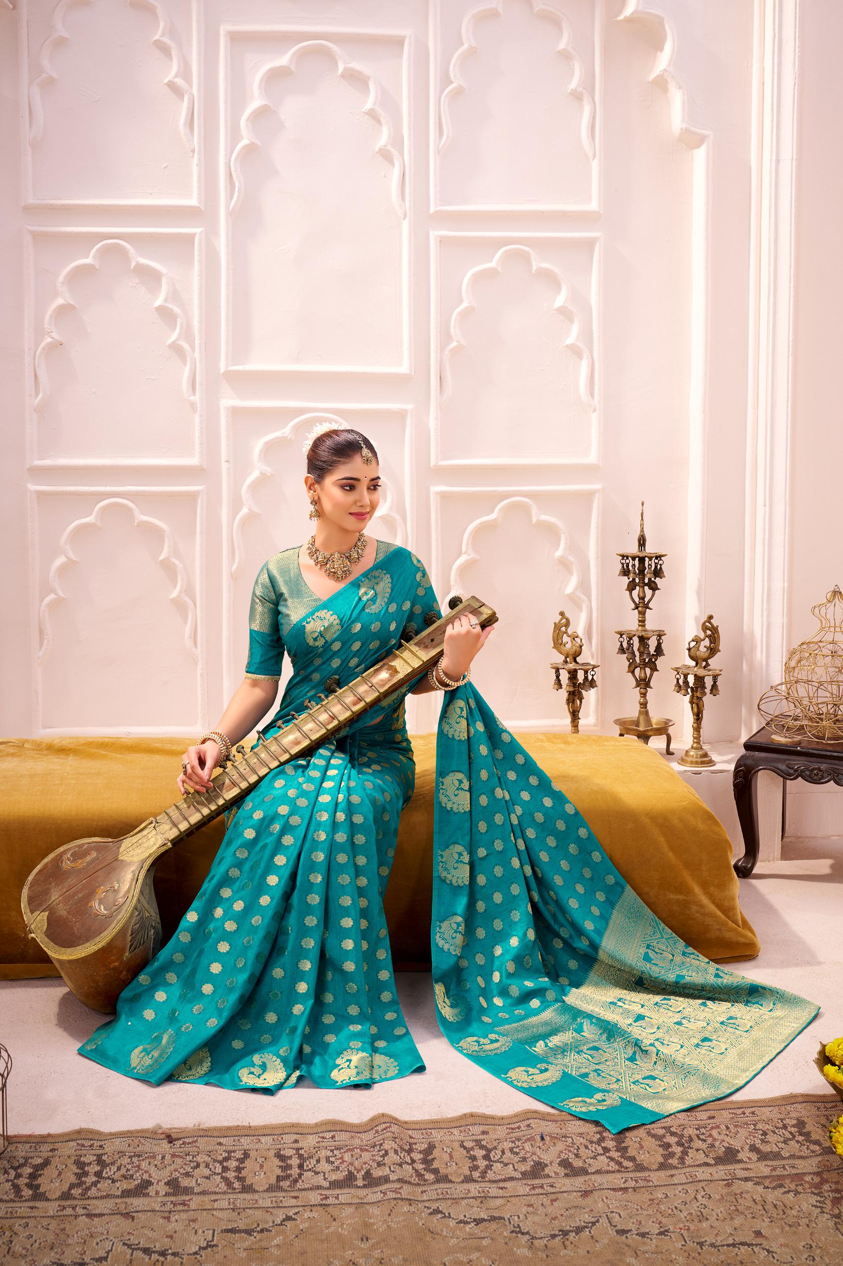 Firozi Green Pure Lichi Silk Saree — South Indian Style
