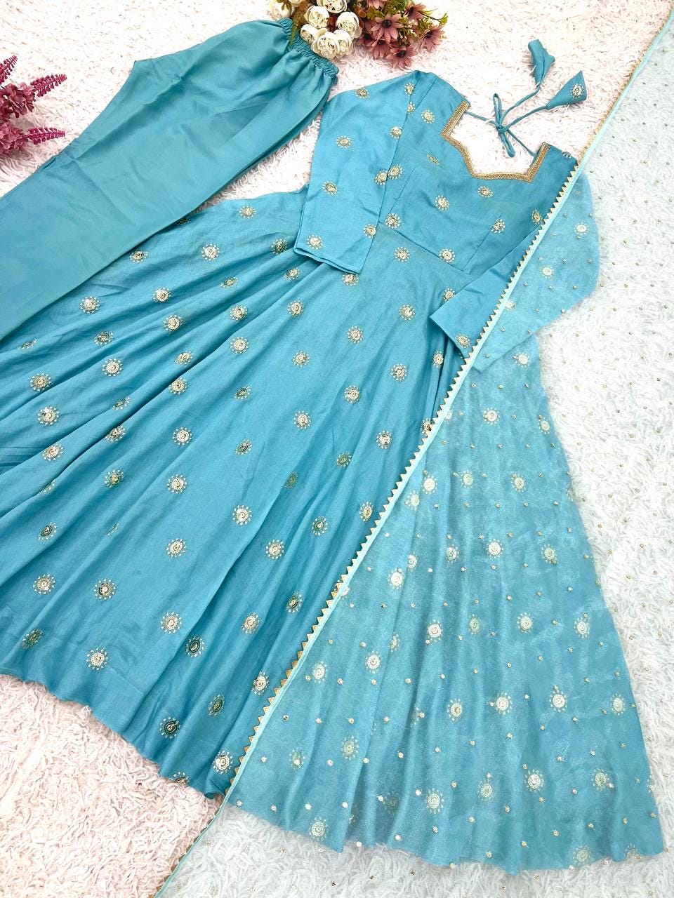 Blue Silk Gown, Long Sleeve Mirror Work, Full Flair Prom Dress
