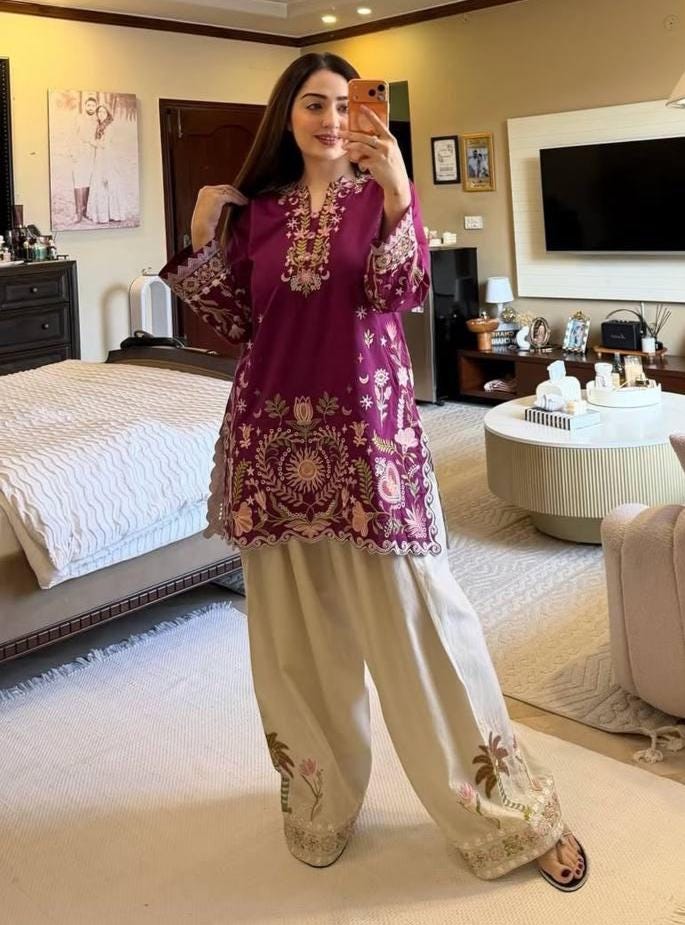 Designer French Crape Embroidered Kurti Salwaar Set | Purple Off-White Ethnic Dress