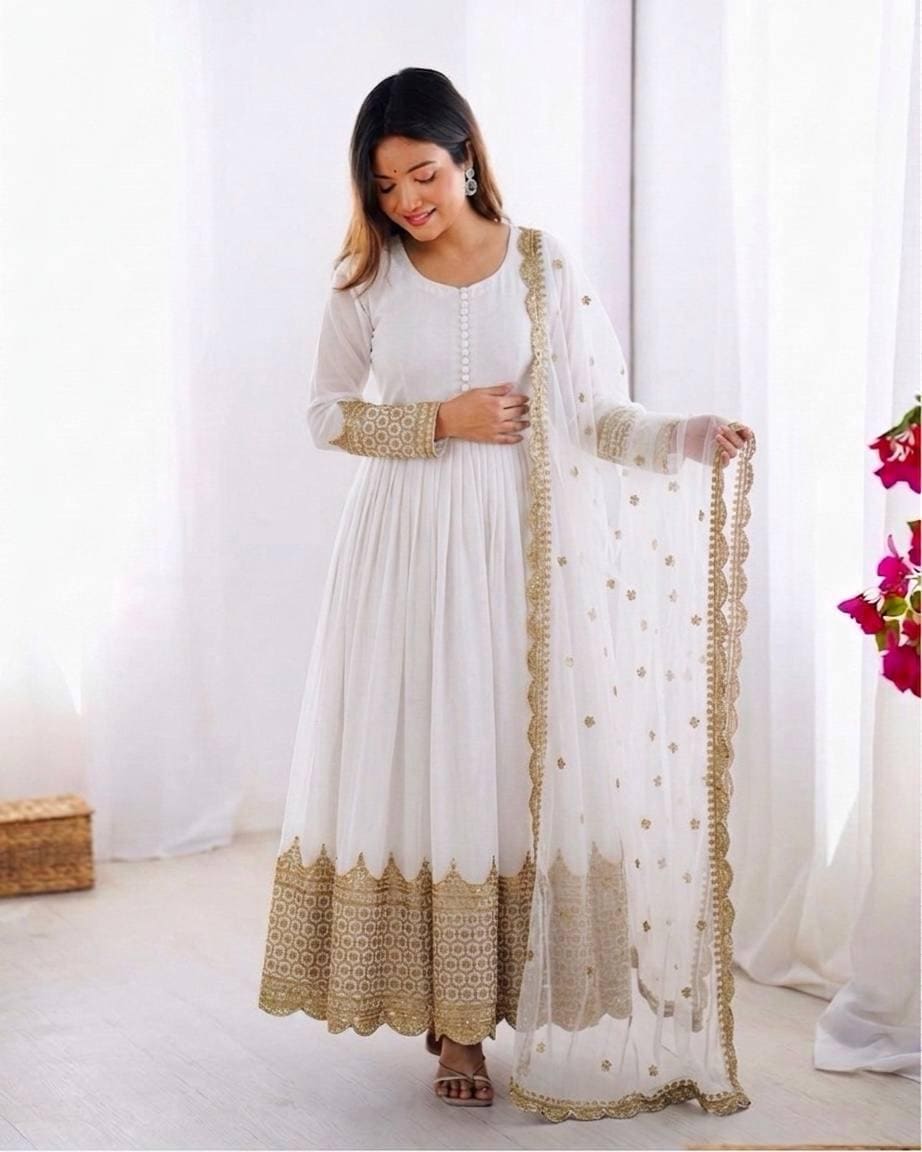 White Anarkali Gown Set — Faux Georgette, Sequin Embroidery