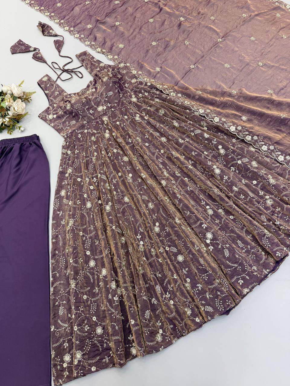 Dusty Purple Fendy Silk Gown Set with Sequence Embroidery (Ready to Wear)