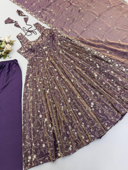 Dusty Purple Fendy Silk Gown Set with Sequence Embroidery (Ready to Wear)