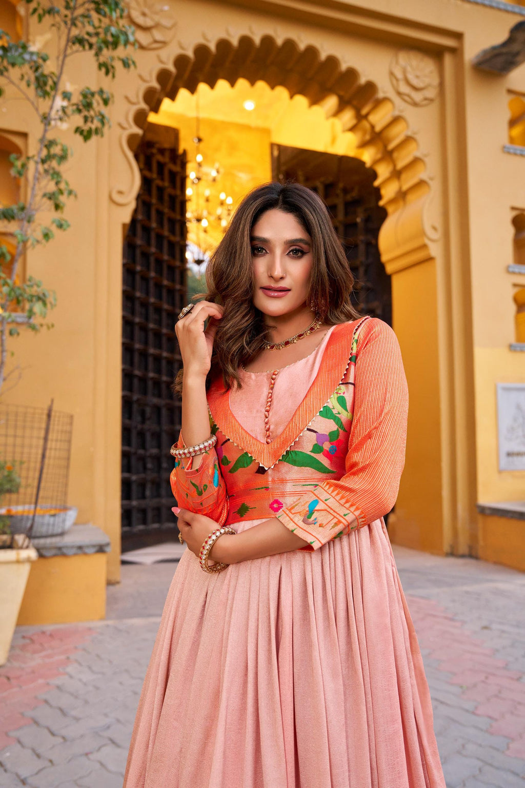 Vichitra Silk Anarkali Dress with Zari Weaving Work