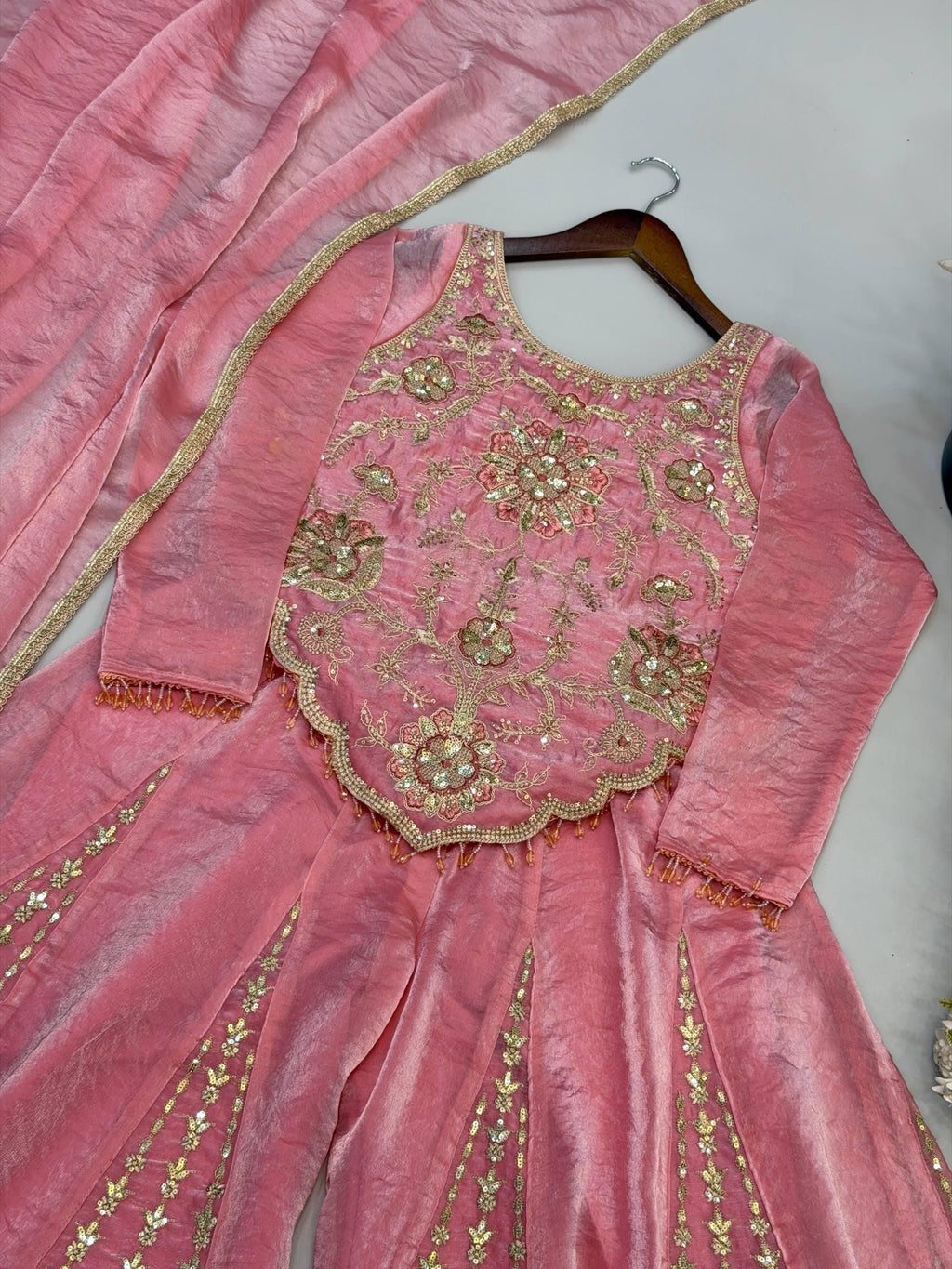 Designer Baby Pink Fendy Silk Embroidery Coding & Sequence Work Sharara Suit Set Custom Stitched