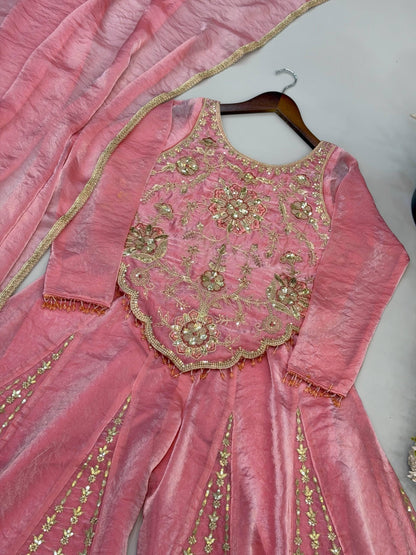 Designer Baby Pink Fendy Silk Embroidery Coding & Sequence Work Sharara Suit Set Custom Stitched