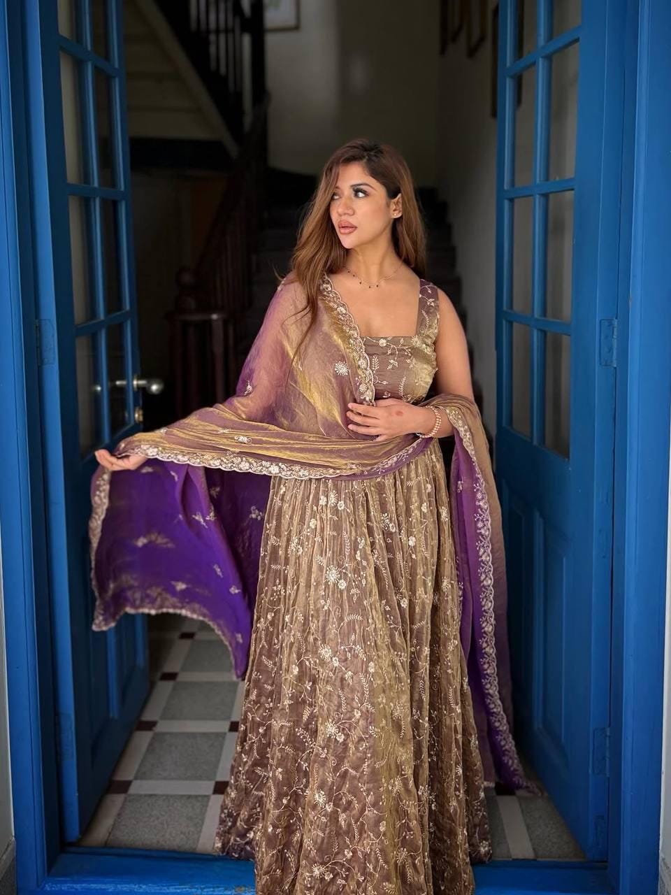 Dusty Purple Fendy Silk Gown Set with Sequence Embroidery (Ready to Wear)