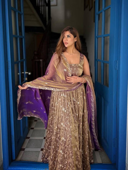 Dusty Purple Fendy Silk Gown Set with Sequence Embroidery (Ready to Wear)