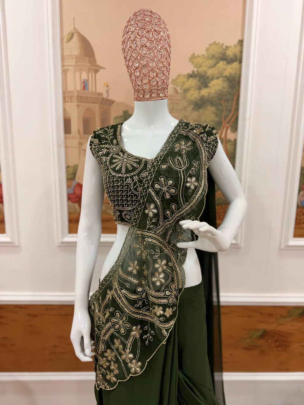 Ready-to-Wear Green Rangoli Silk Drape Saree with Sequins Work Blouse