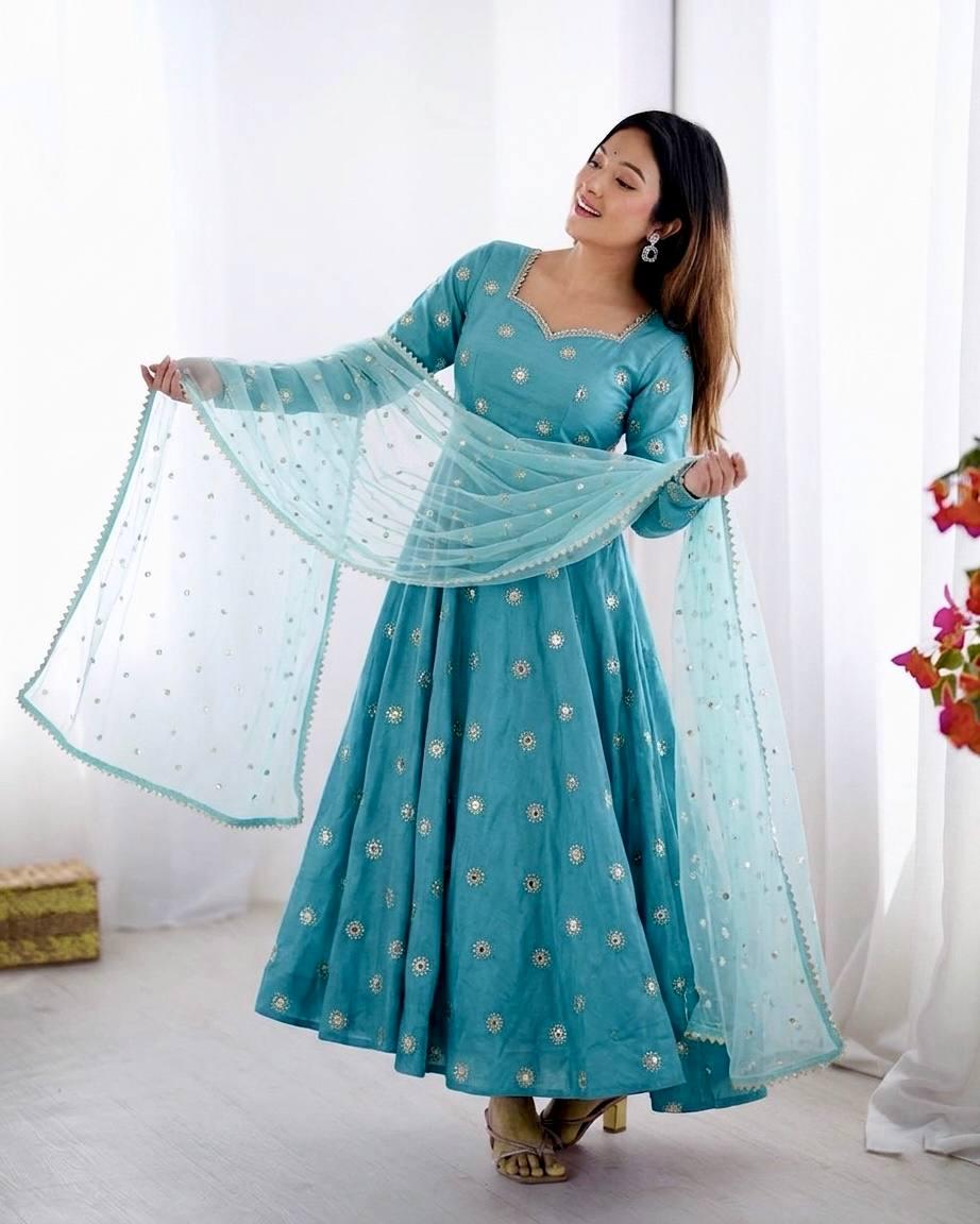 Blue Silk Gown, Long Sleeve Mirror Work, Full Flair Prom Dress