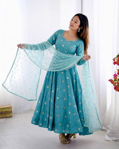Blue Silk Gown, Long Sleeve Mirror Work, Full Flair Prom Dress