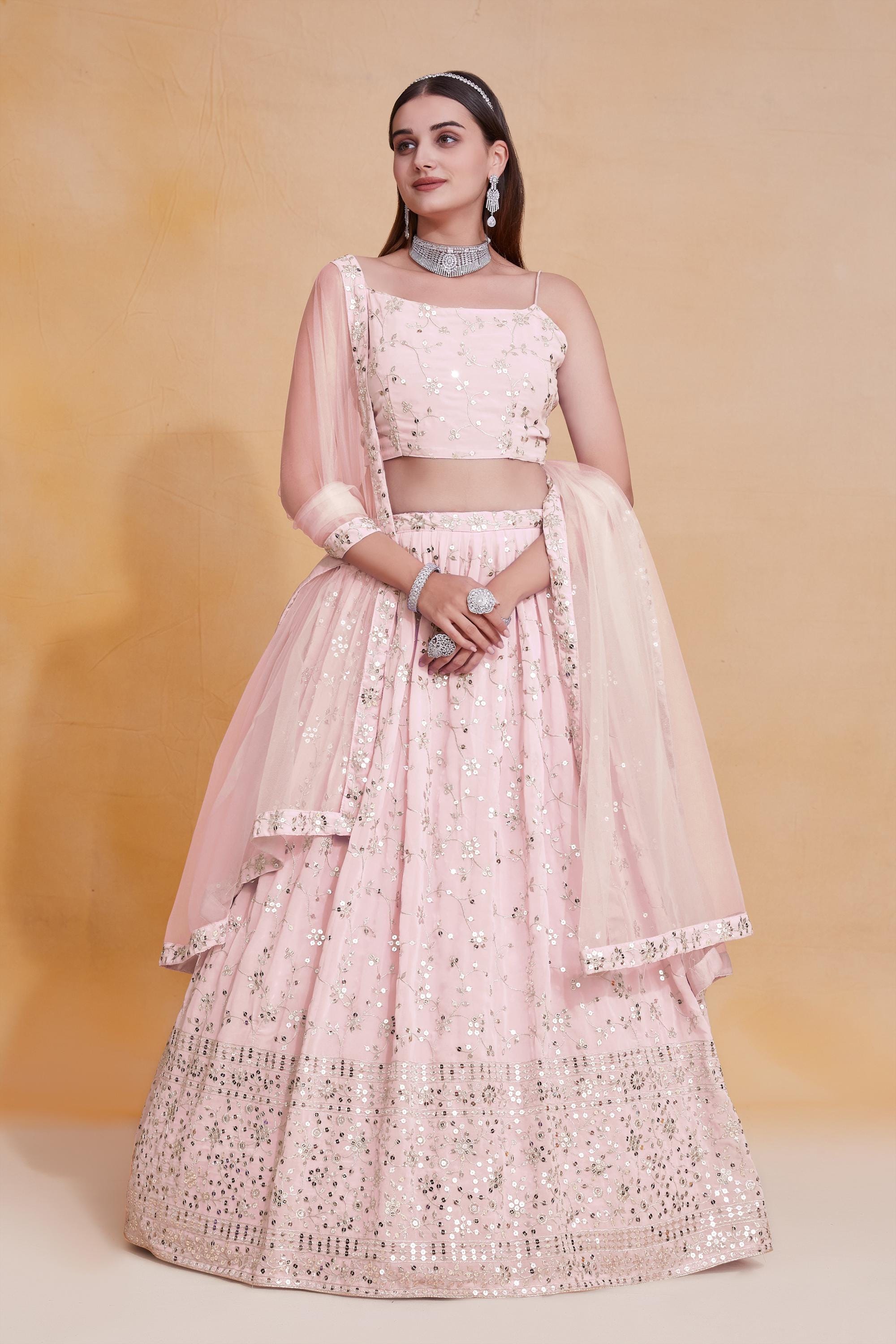 Designer Indian Wedding Lehenga Choli: Pink Georgette Embroidery Stitched Blouse