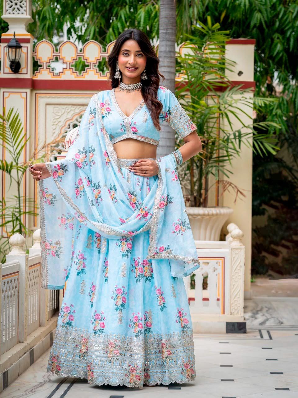 Designer Indian Wedding Lehenga Choli: Sky Blue Georgette Embroidery (Made To Order) Customize Size