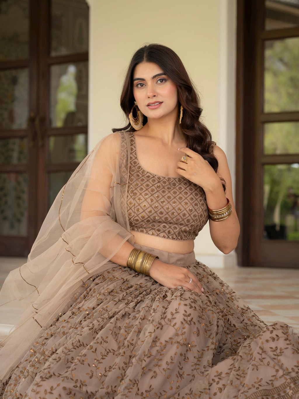 Muted Beige Net Lehenga Choli Set: Zari Sequence Embroidery Indian Wedding Outfit