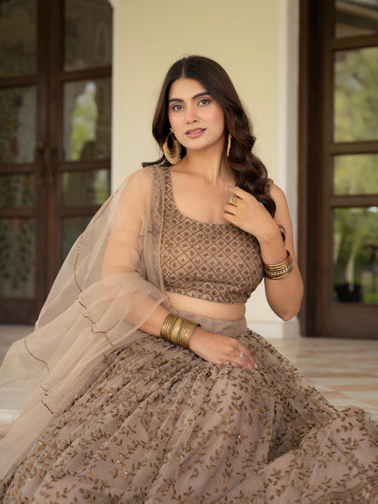 Muted Beige Net Lehenga Choli Set: Zari Sequence Embroidery Indian Wedding Outfit
