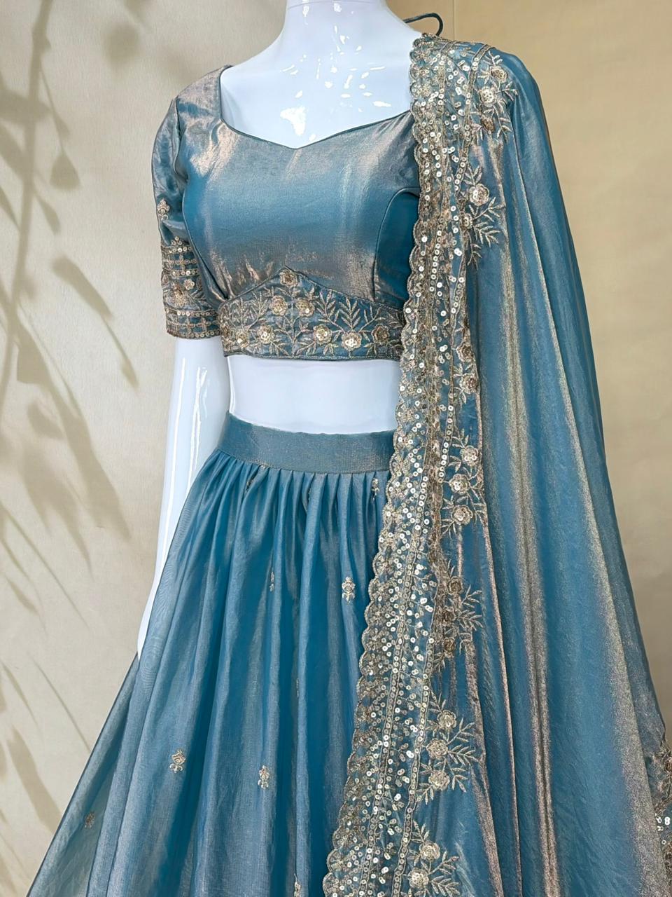 Designer Indian Wedding Lehenga Choli: Tint Blue Fandy Silk Embroidery (Made To Order)