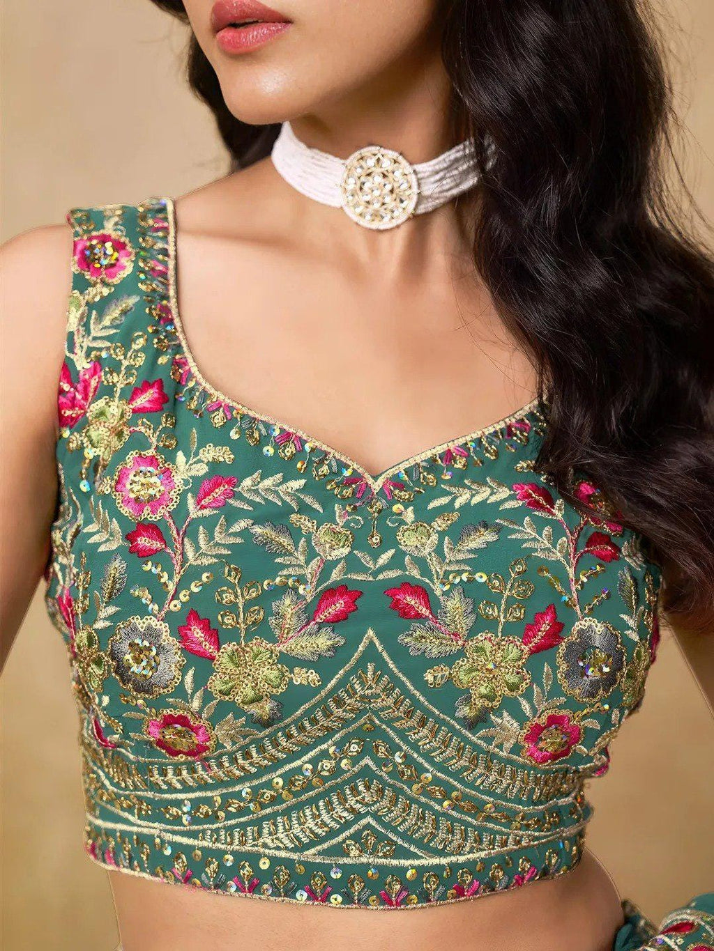 Designer Indian Wedding Lehenga Choli: Mint Green Georgette Embroidery (Made To Order) Customize Size