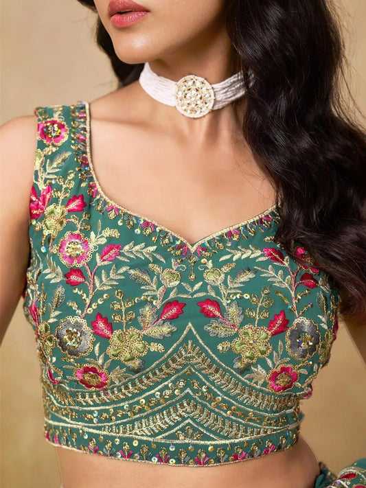 Designer Indian Wedding Lehenga Choli: Mint Green Georgette Embroidery (Made To Order) Customize Size