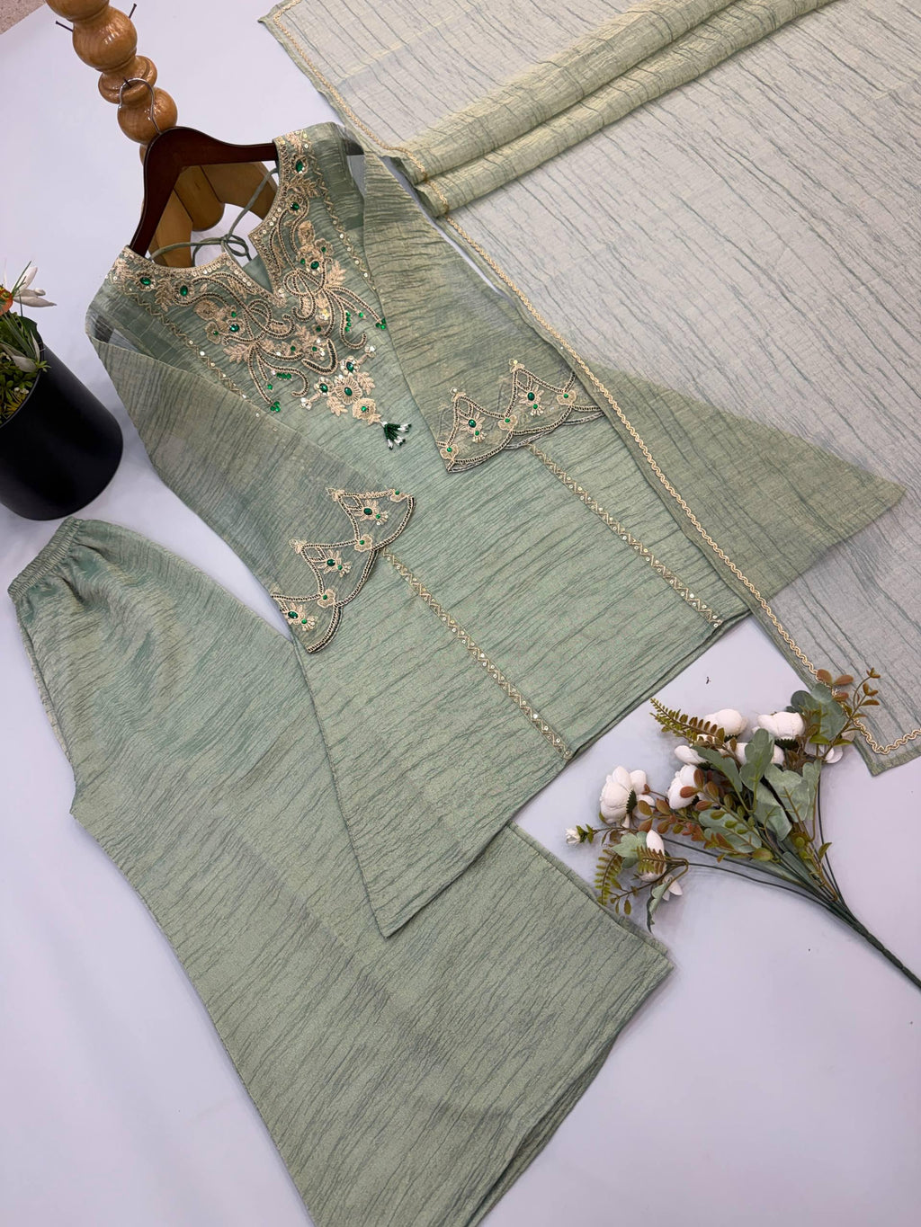 Designer Salsa Silk Sage Green Embroidery Coding & Stone Work Sharara Suit Set Custom Stitched