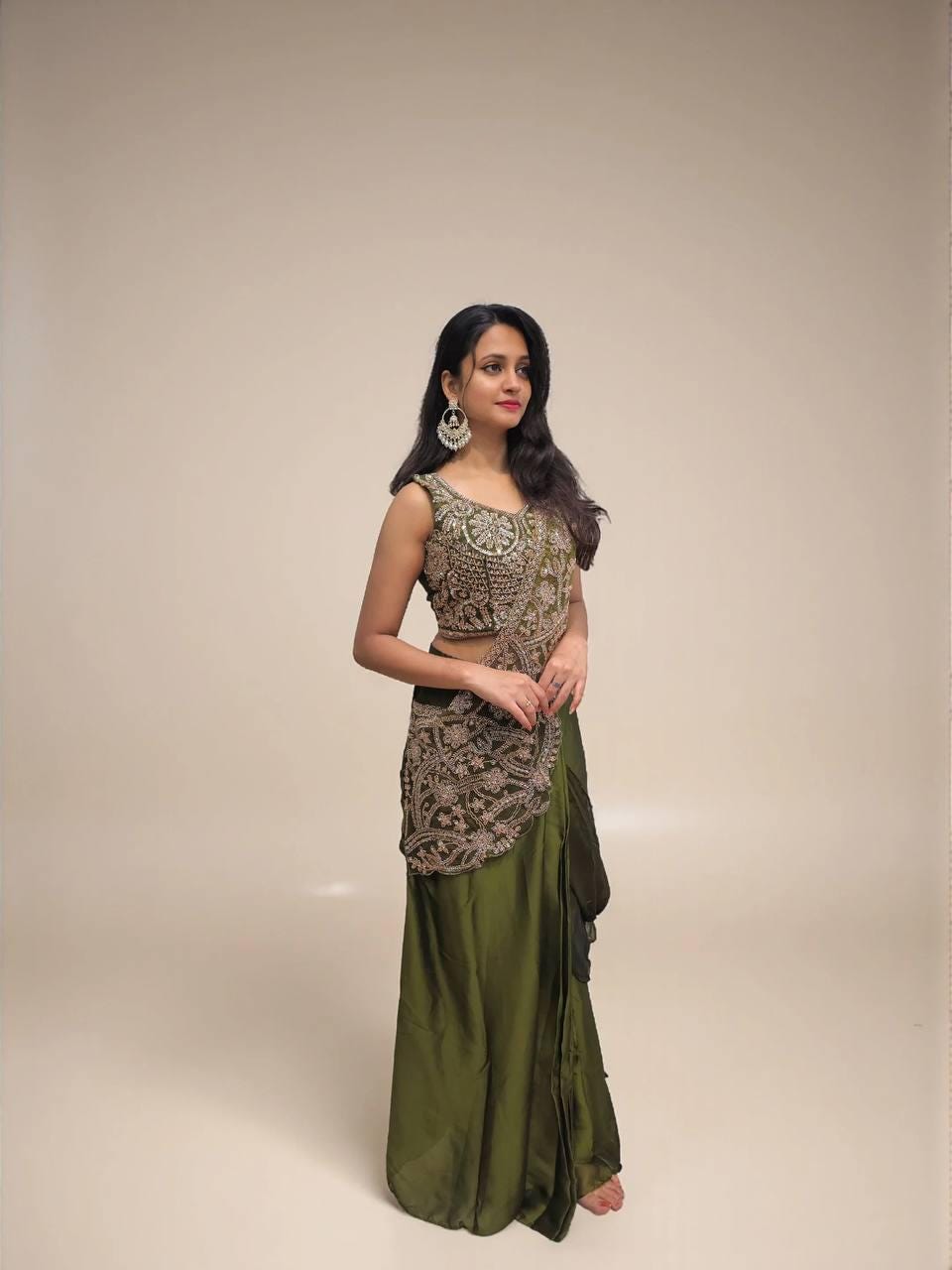 Ready-to-Wear Green Rangoli Silk Drape Saree with Sequins Work Blouse