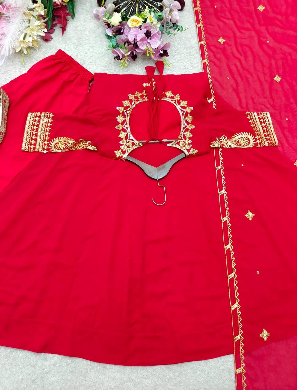 Pure Red Fox Georgette 5mm Sequence Embroidery Gown Pant Set | Stitched Anarkali Suit | Indian Wedding Party Wear Dress for Women